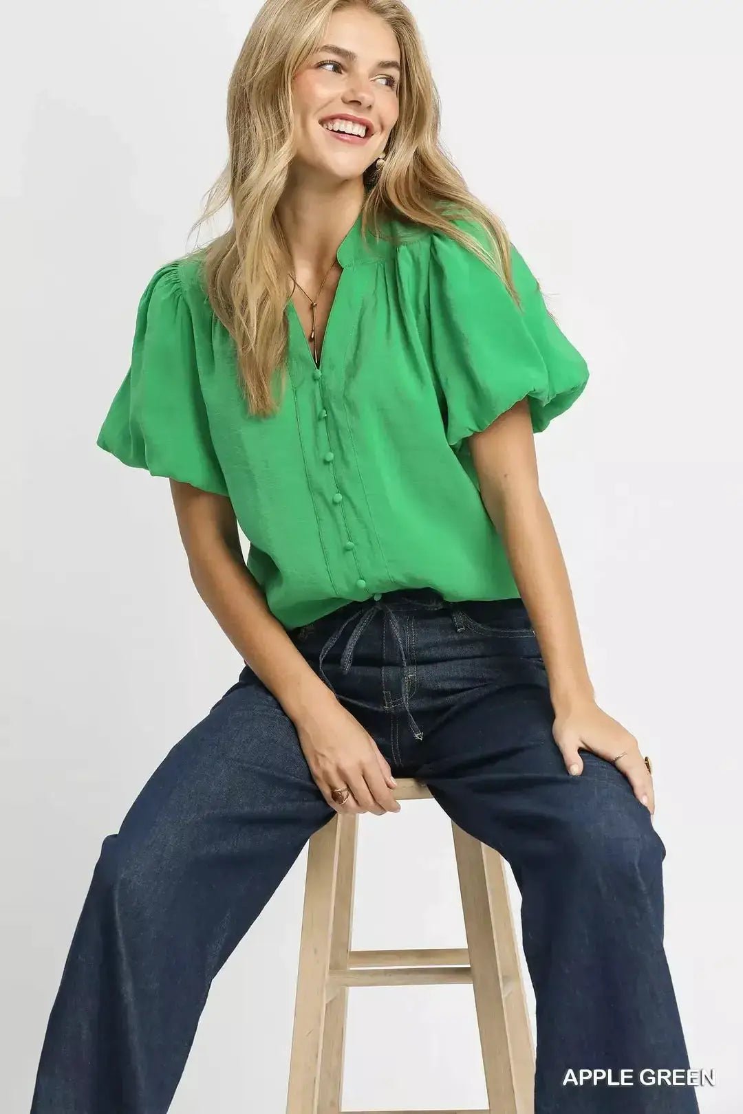 Umgee Button Down Puff Sleeve Shirt Apple Green Relaxed Fit Blouse - Fritsch & Co.