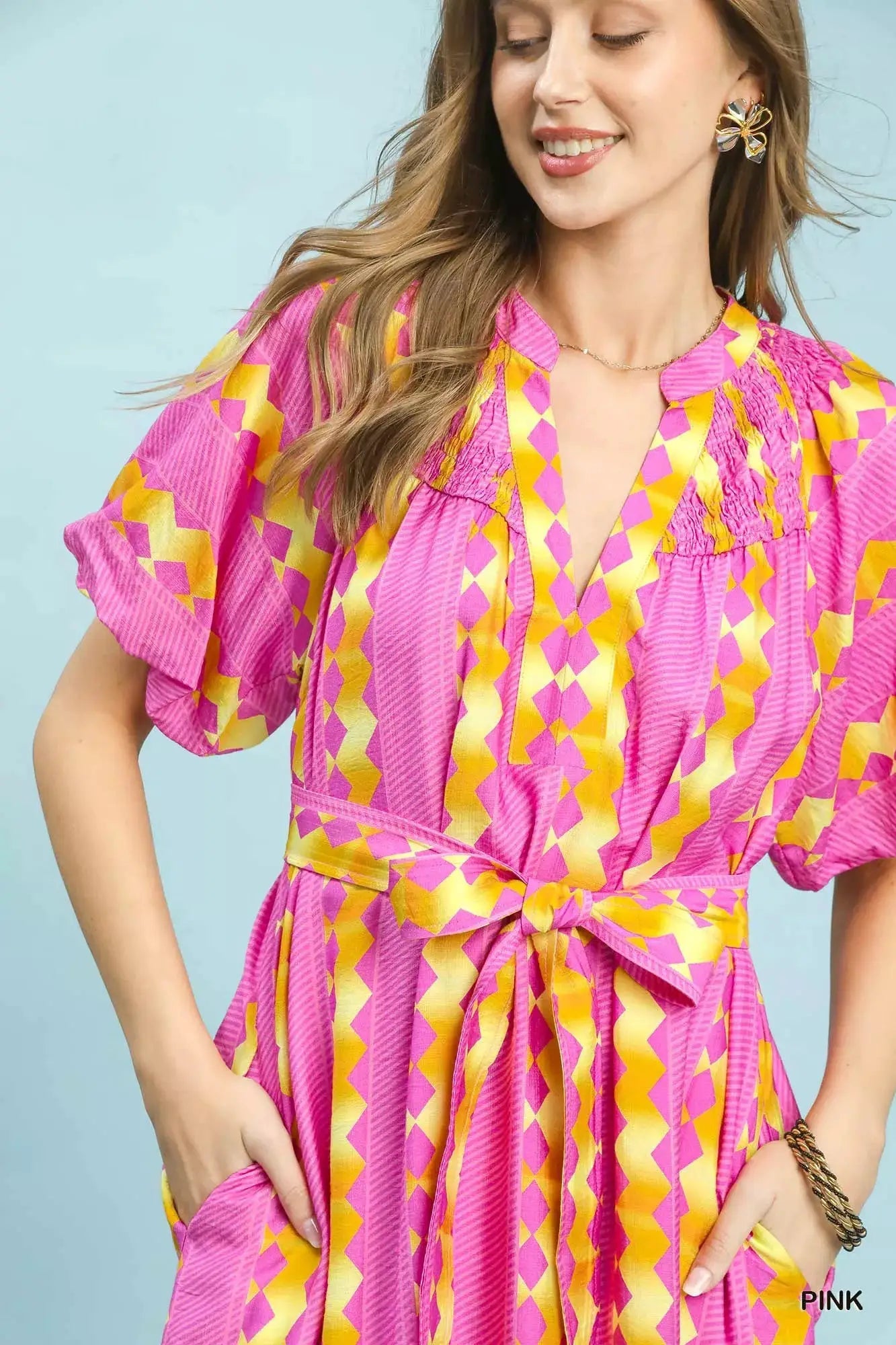 Umgee Geo Stripe Smocked Waist Tie Dress - Fritsch & Co.