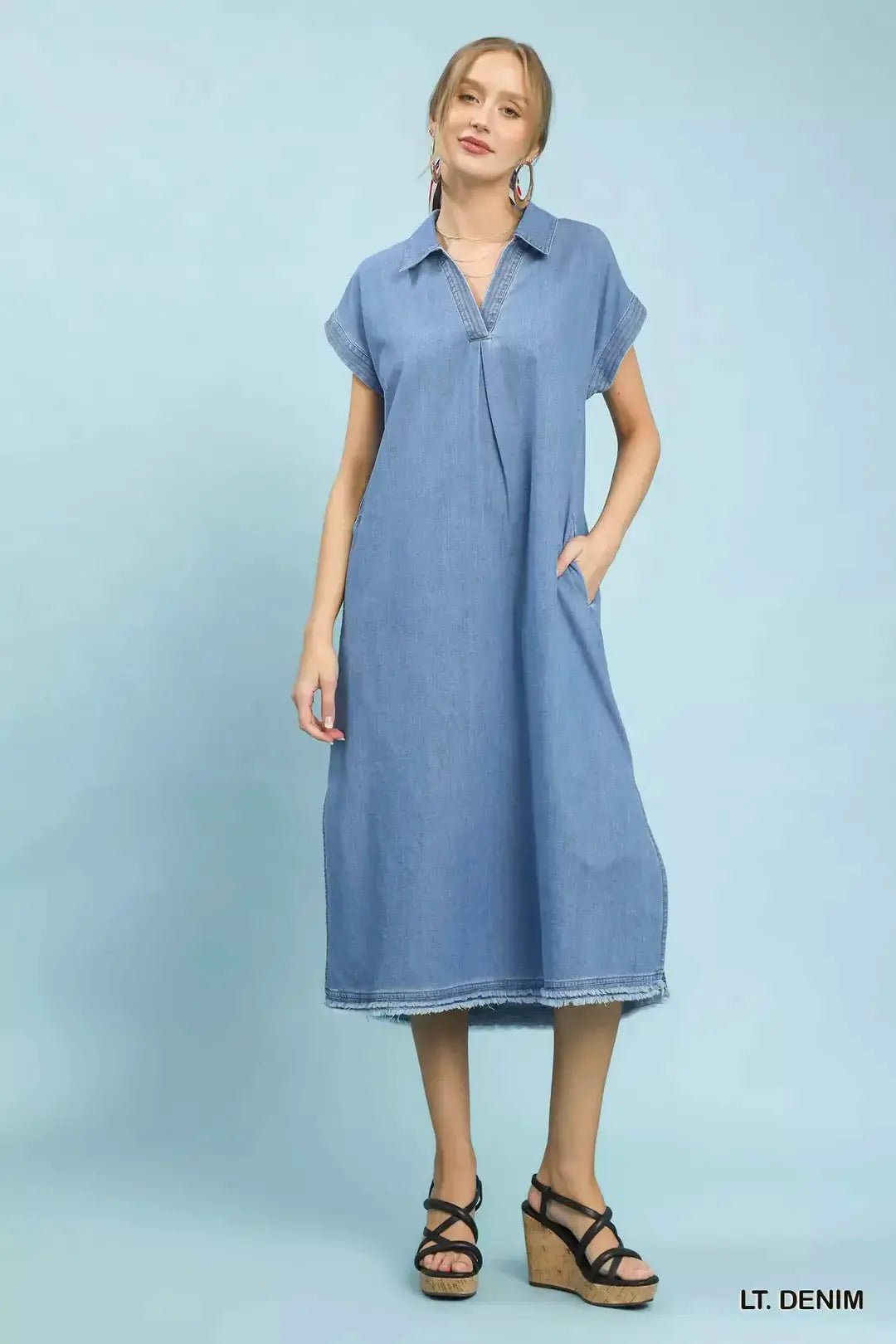 Umgee Stone Washed Collared Denim Midi Dress - Fritsch & Co.