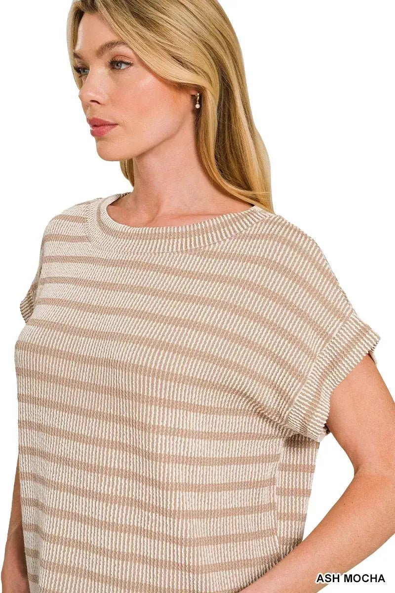 Zenana Raised Rib Stripe Knit Top For Women Soft Comfortable Casual Tee - Fritsch & Co.