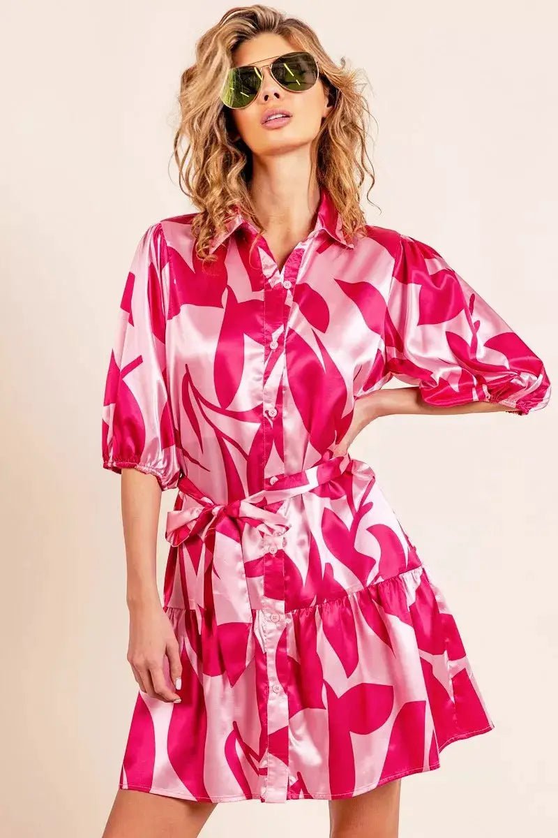 BiBi Leaf Pattern Collared Satin Dress - Fritsch & Co.