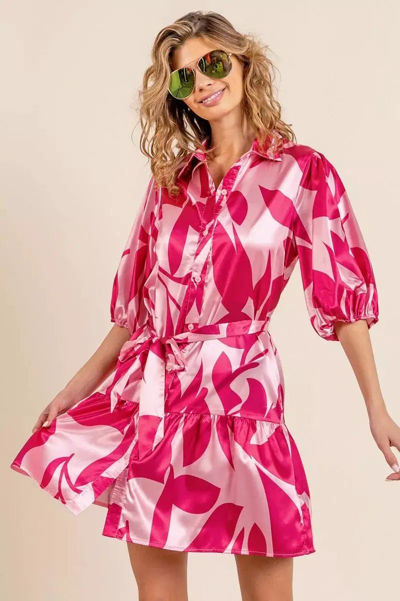 BiBi Leaf Pattern Collared Satin Dress - Fritsch & Co.