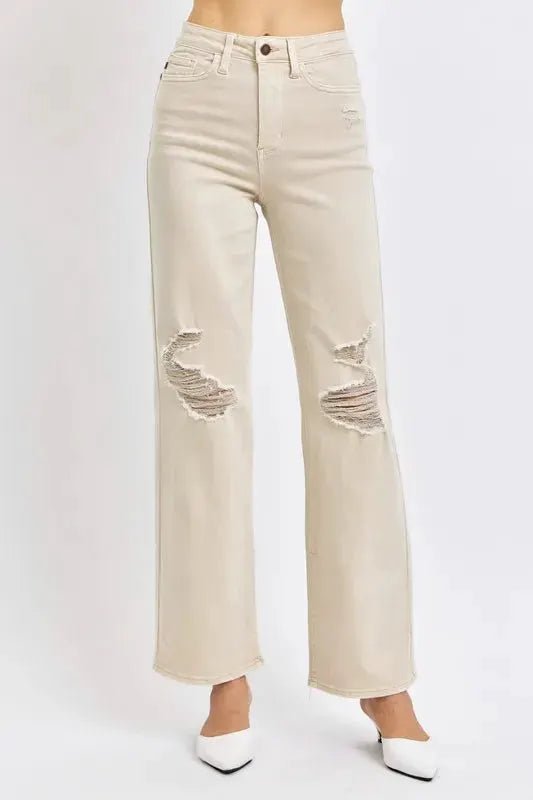 Judy Blue Full Size High Waist Distressed Wide Leg Jeans Beige - Fritsch & Co.