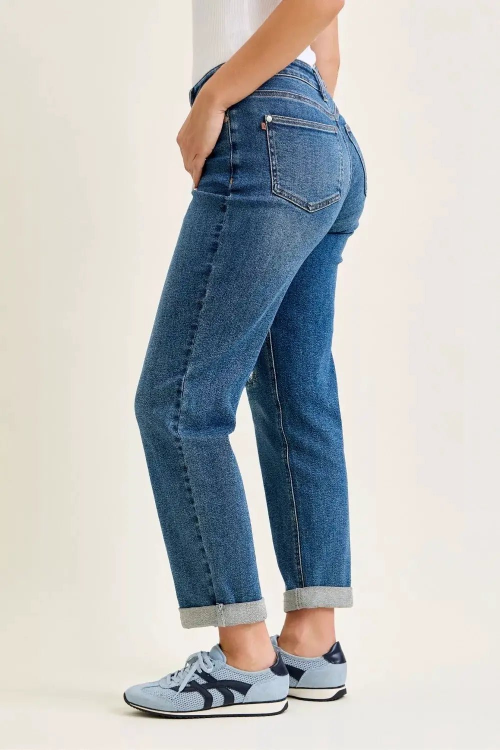 Judy Blue Mid Rise Boyfriend Jeans Embroidered Repair Patch - Fritsch & Co.