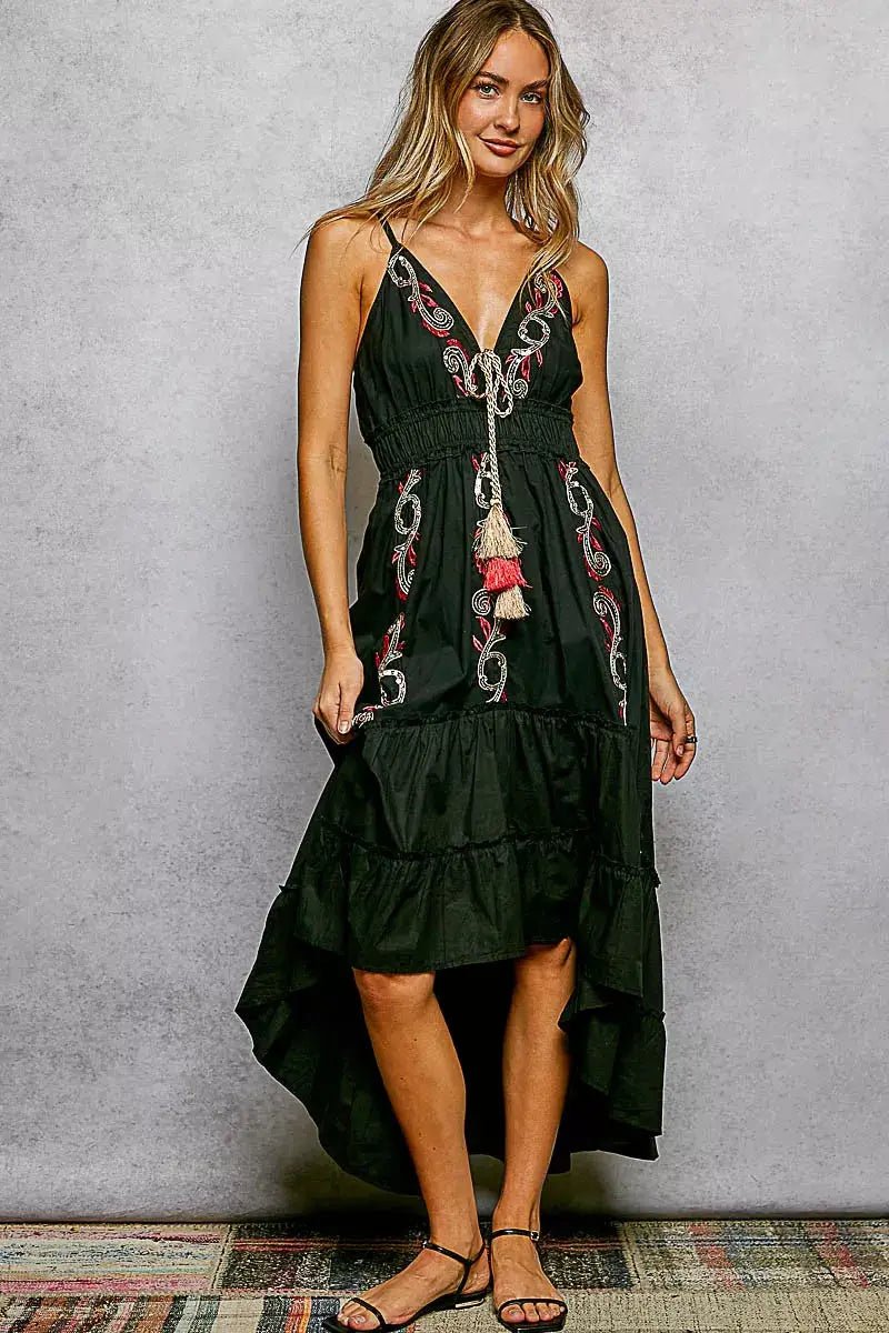POL Embroidered Detail Tassel Tie Smocked Waist Midi Tiered Cami Dress - Fritsch & Co.