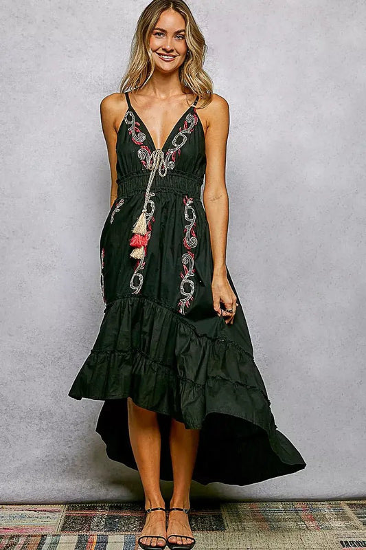 POL Embroidered Detail Tassel Tie Smocked Waist Midi Tiered Cami Dress - Fritsch & Co.