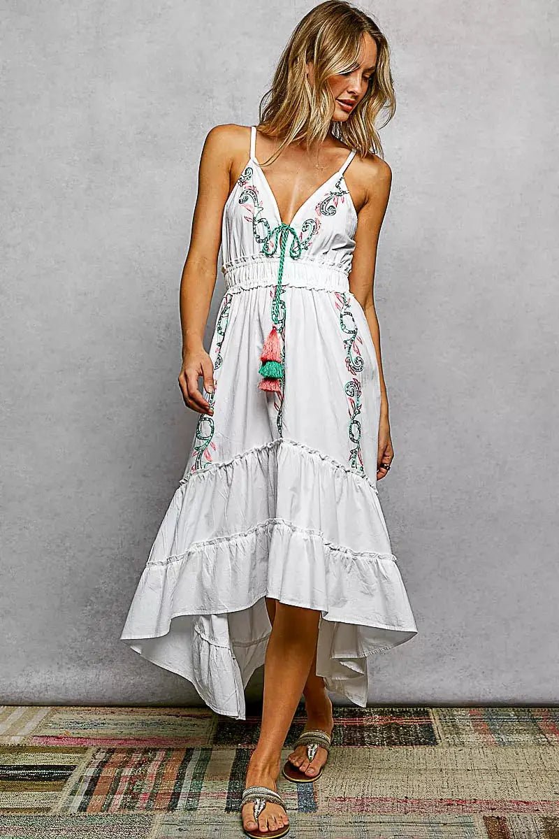 POL Embroidered Detail Tassel Tie Smocked Waist Midi Tiered Cami Dress - Fritsch & Co.