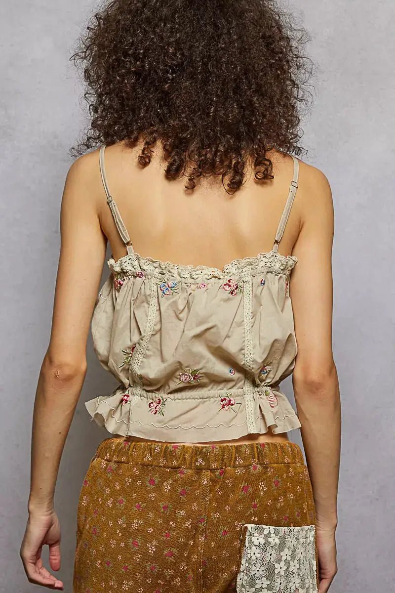 POL Floral Embroidered Cropped Cami With Lace Trim - Fritsch & Co.