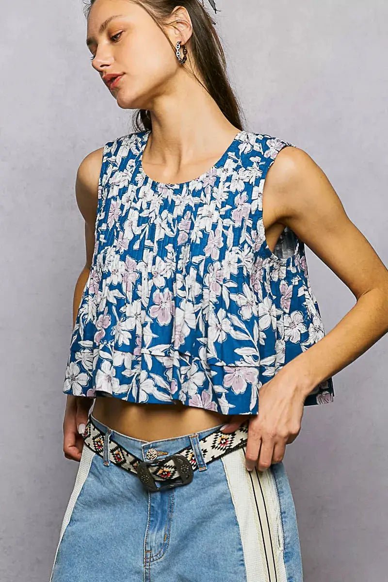 POL Floral Round Neck Cropped Pintuck Tank Top For Summer - Fritsch & Co.