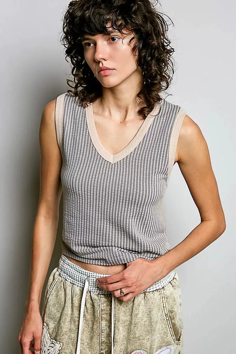 POL V - Neck Contrast Ribbed Sleeveless Tank Top for Women - Fritsch & Co.