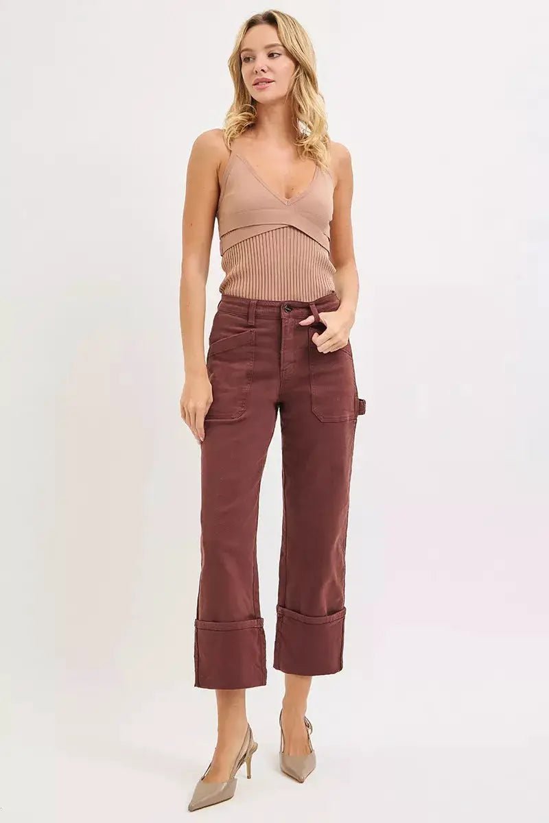 RISEN Burgundy High Rise Wide Leg Patch Jeans Plus Size - Fritsch & Co.