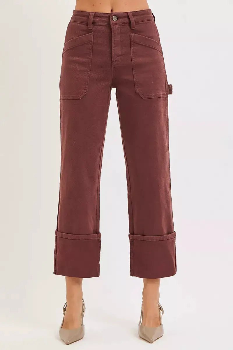 RISEN Burgundy High Rise Wide Leg Patch Jeans Plus Size - Fritsch & Co.