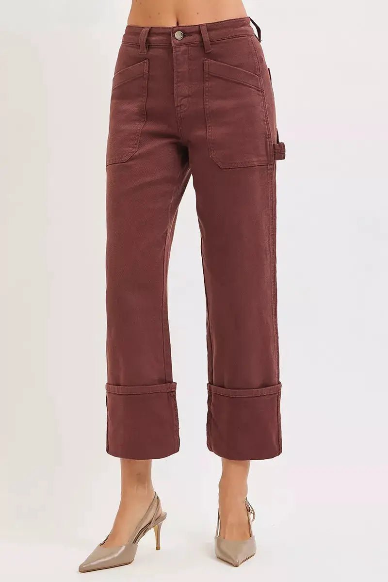 RISEN Burgundy High Rise Wide Leg Patch Jeans Plus Size - Fritsch & Co.
