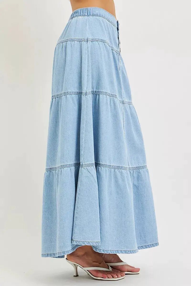 RISEN High Rise Denim Maxi Tiered Ruffle Skirt for Women - Fritsch & Co.