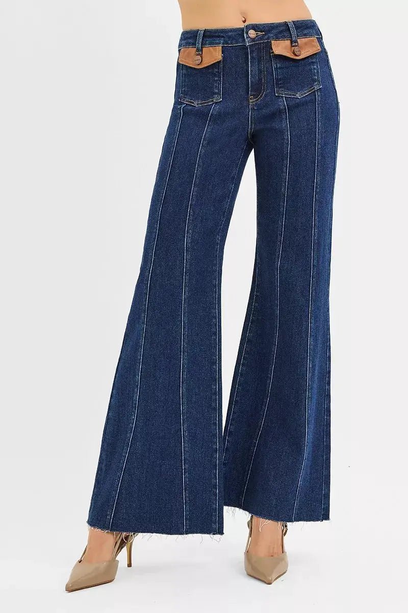 Risen High Rise Wide Flare Jeans With Front Leather Pocket Detail - Fritsch & Co.