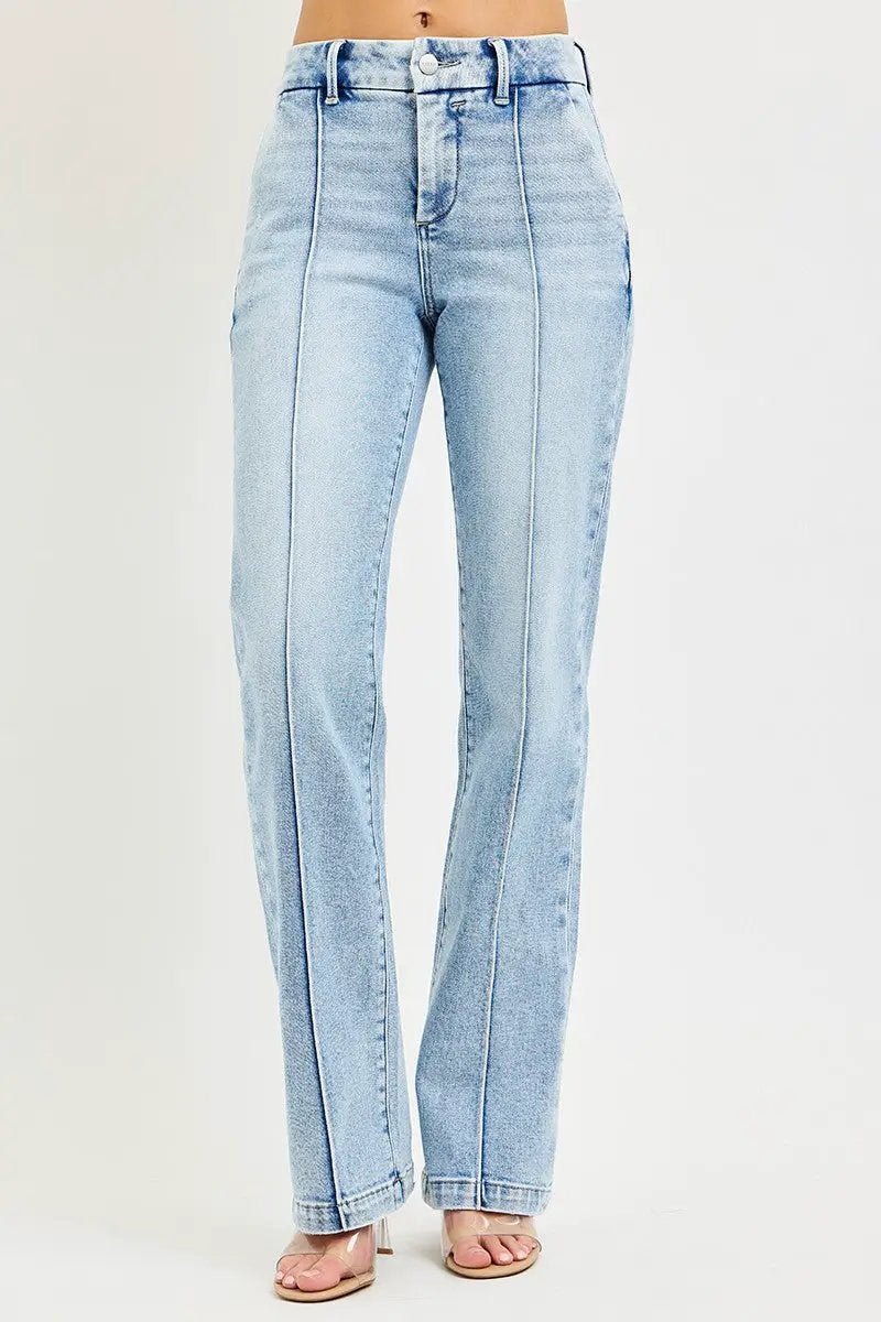 Risen Tummy Control High Rise Straight Pin Tuck Jeans For Women - Fritsch & Co.