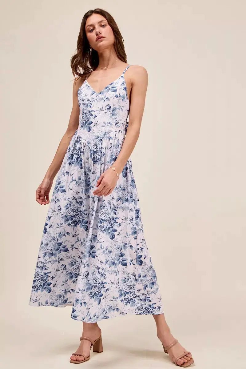 SO ME Floral Woven V Neck Dress With Back Ribbon Tie - Fritsch & Co.