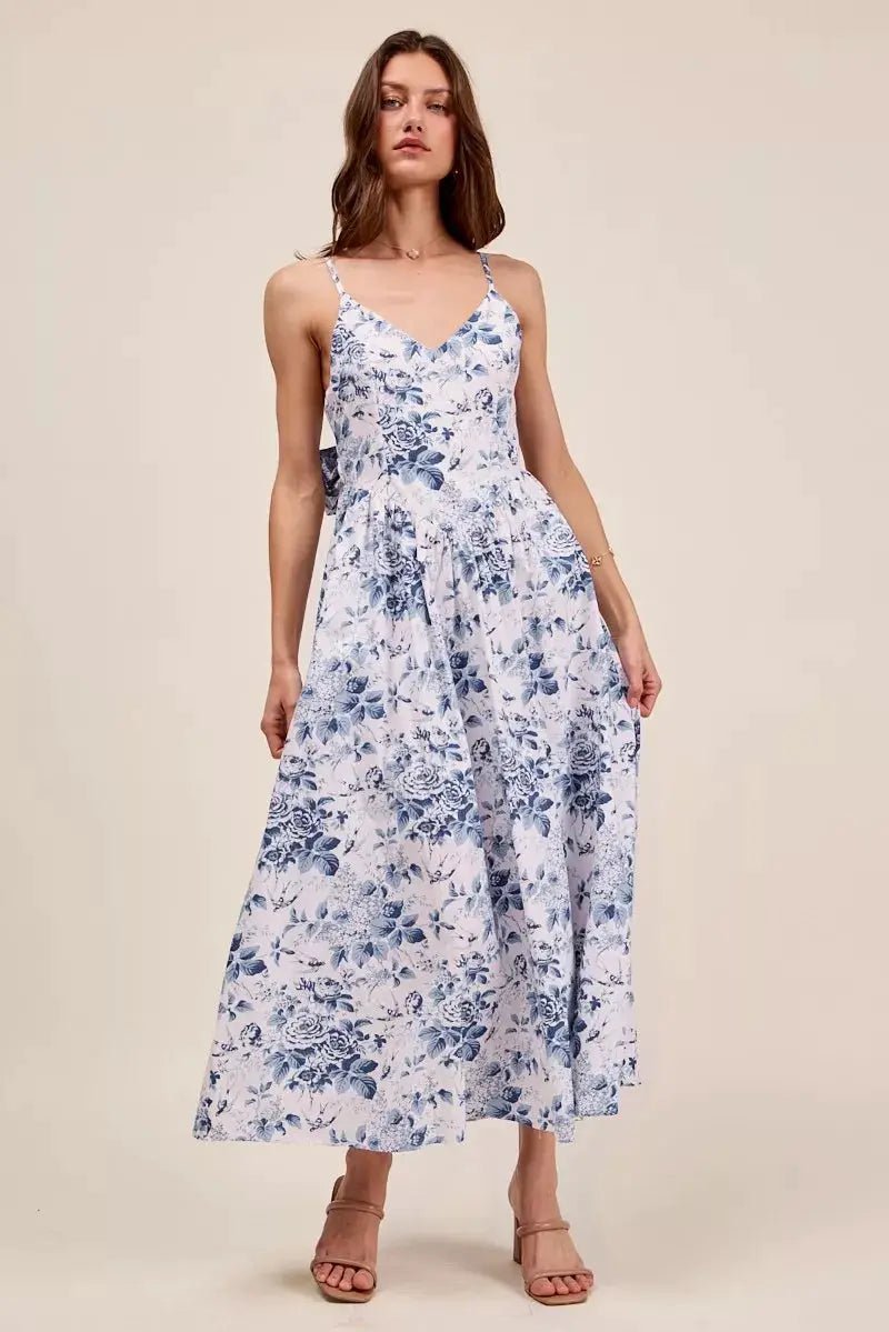 SO ME Floral Woven V Neck Dress With Back Ribbon Tie - Fritsch & Co.