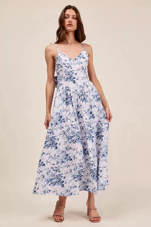 SO ME Floral Woven V Neck Dress With Back Ribbon Tie - Fritsch & Co.