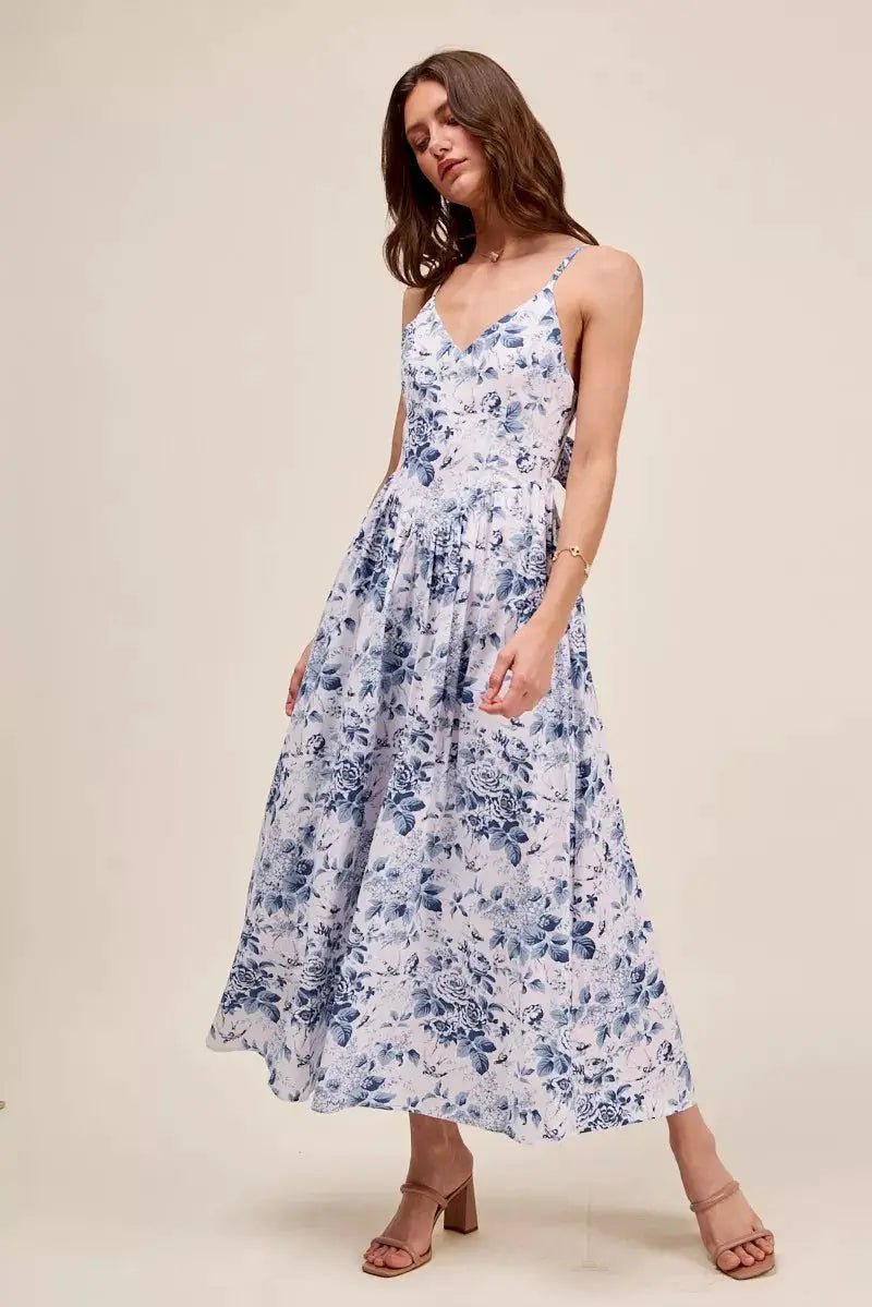 SO ME Floral Woven V Neck Dress With Back Ribbon Tie - Fritsch & Co.