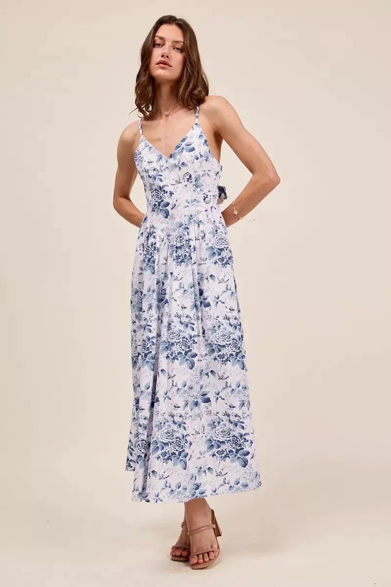 SO ME Floral Woven V Neck Dress With Back Ribbon Tie - Fritsch & Co.