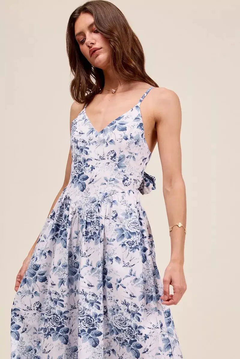 SO ME Floral Woven V Neck Dress With Back Ribbon Tie - Fritsch & Co.