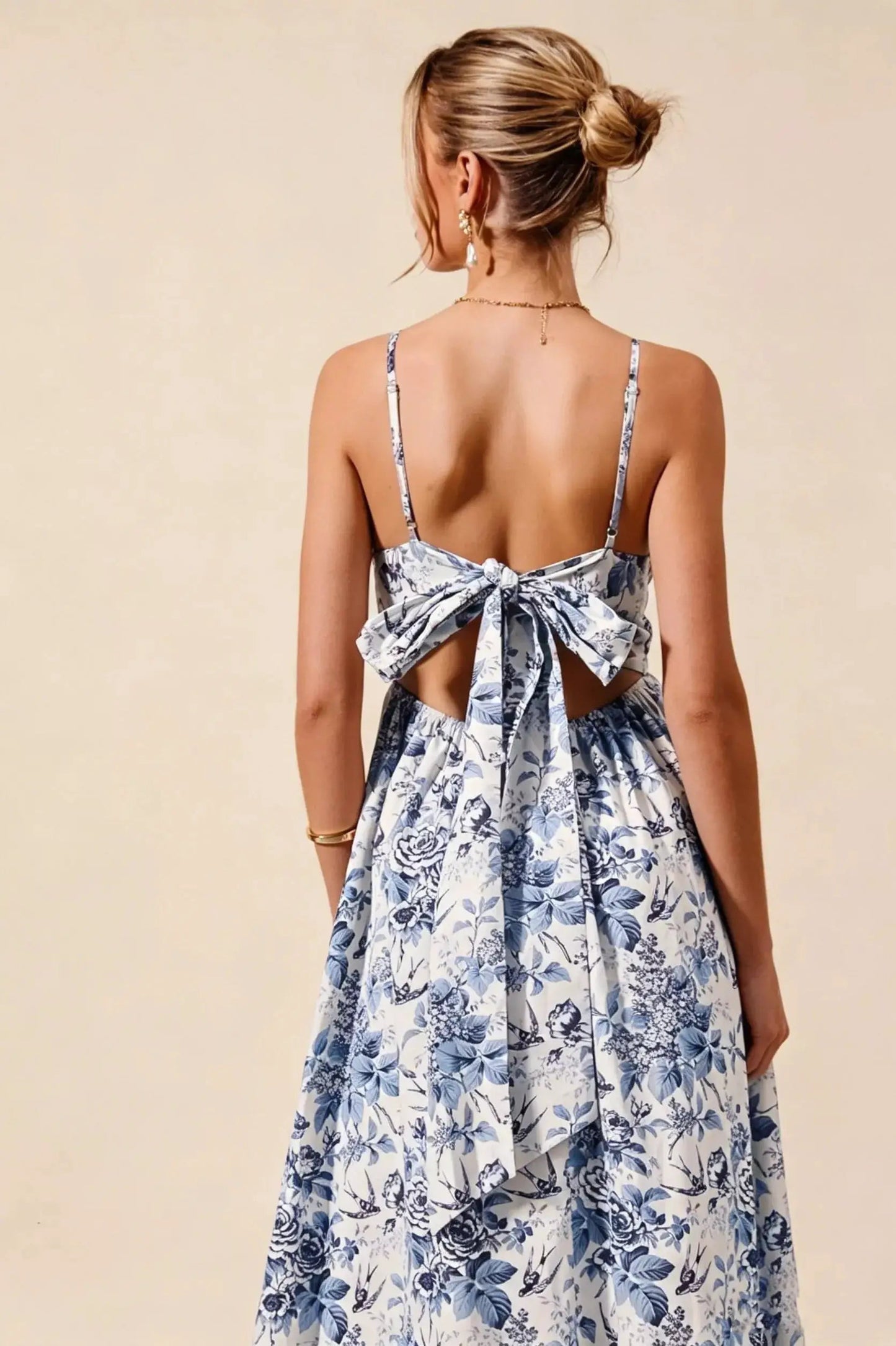 SO ME Floral Woven V Neck Dress With Back Ribbon Tie - Fritsch & Co.