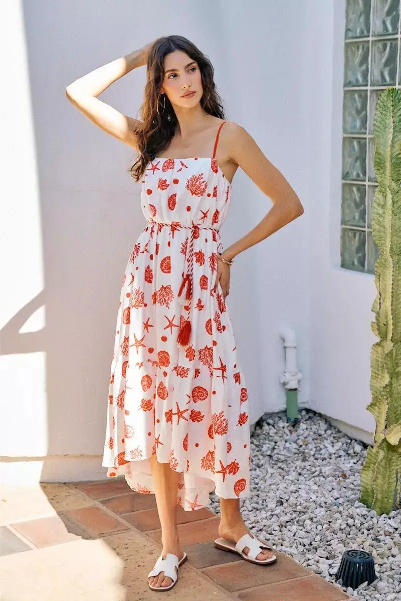 SO ME Shell Print Tiered Lined Midi Cami Dress With Belt - Fritsch & Co.