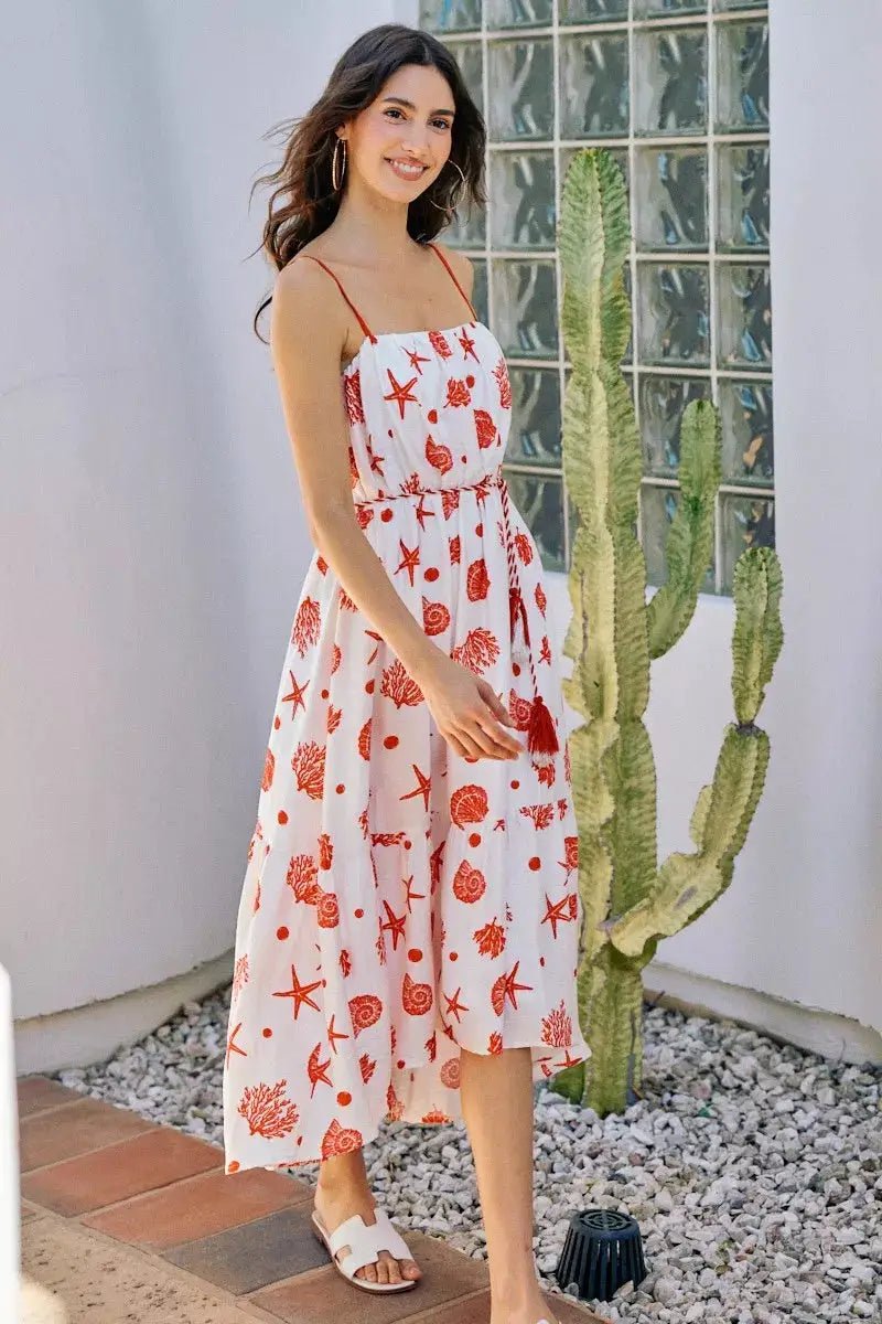 SO ME Shell Print Tiered Lined Midi Cami Dress With Belt - Fritsch & Co.