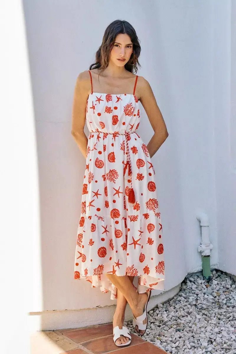 SO ME Shell Print Tiered Lined Midi Cami Dress With Belt - Fritsch & Co.