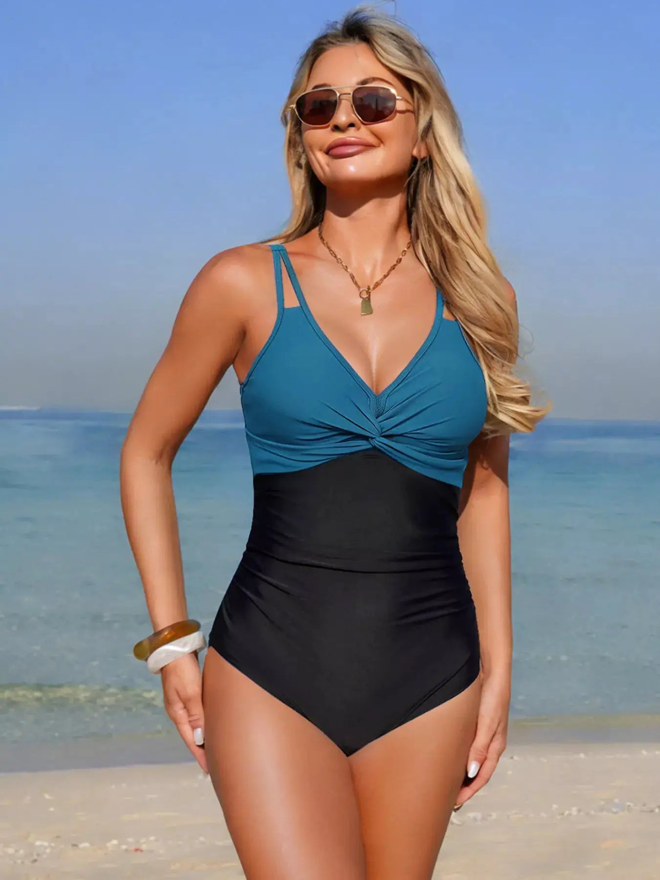 Twisted Front V Neck One Piece Swimsuit With Ruched Removable Padding - Fritsch & Co.