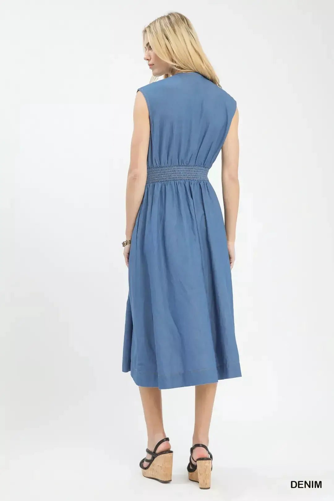 Umgee Denim Sleeveless Zip - Front Smocked Waist Midi Dress - Fritsch & Co.