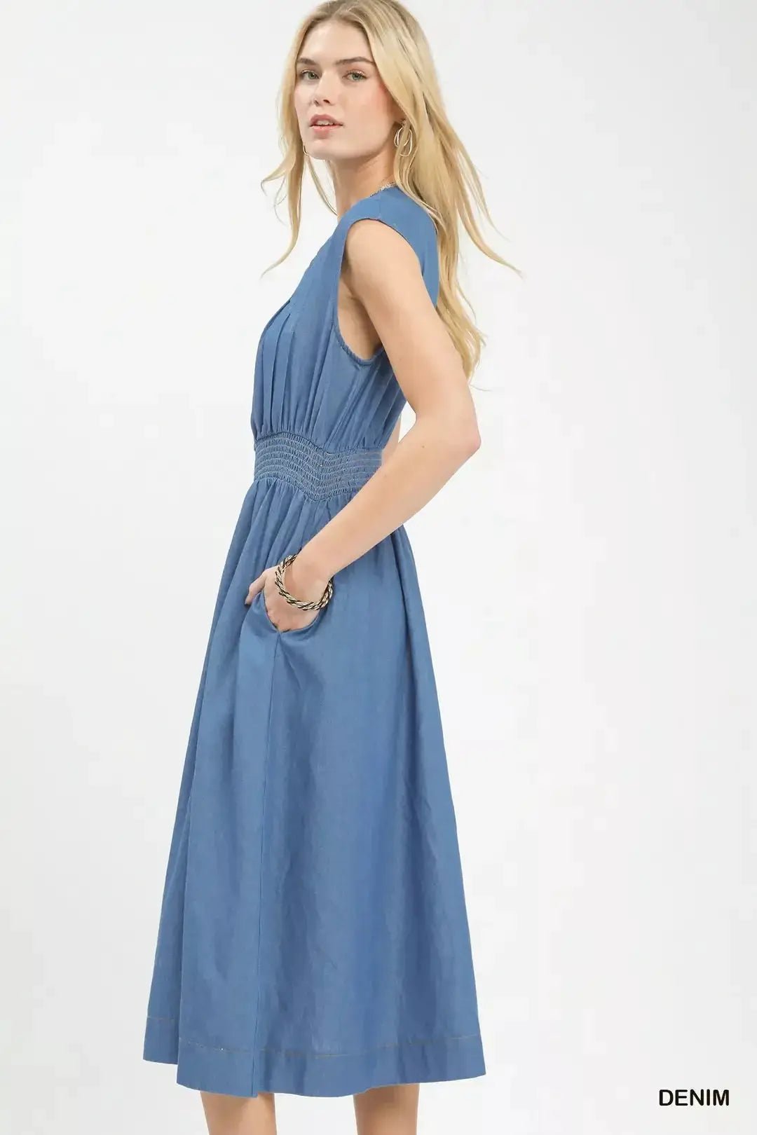 Umgee Denim Sleeveless Zip - Front Smocked Waist Midi Dress - Fritsch & Co.