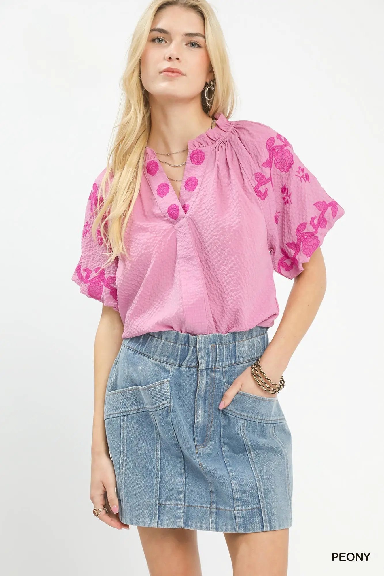 Umgee Embroidered Textured Flutter Sleeve Top Pink - Fritsch & Co.