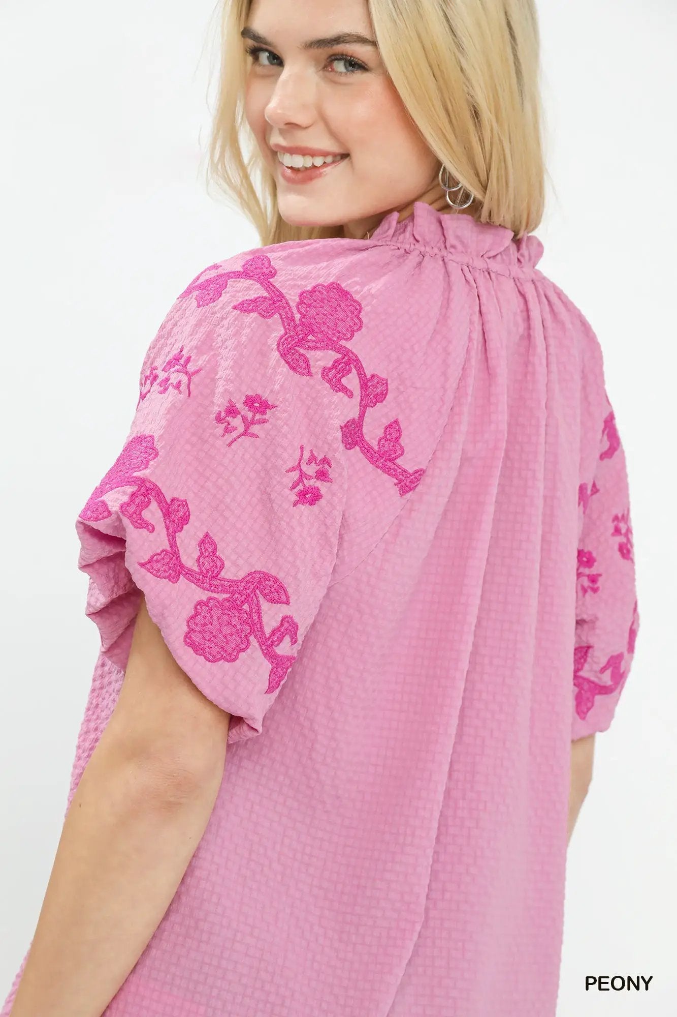 Umgee Embroidered Textured Flutter Sleeve Top Pink - Fritsch & Co.