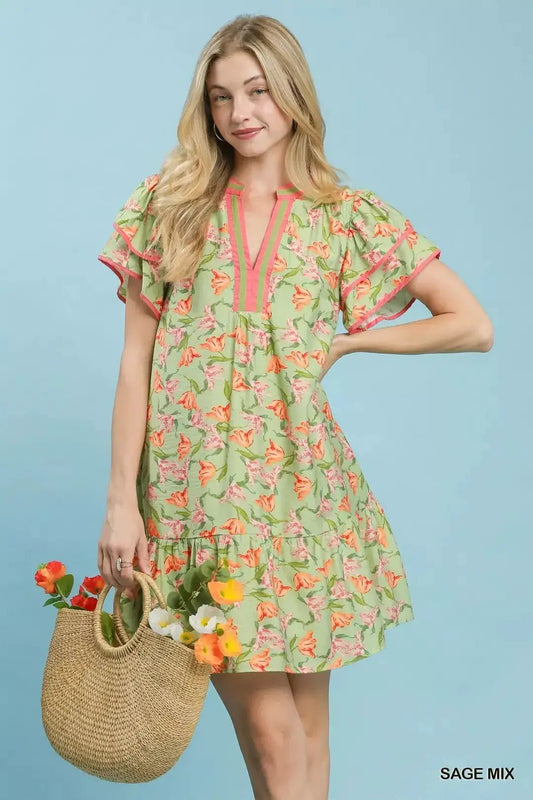 Umgee Floral Flutter Sleeve Tiered Dress - Fritsch & Co.