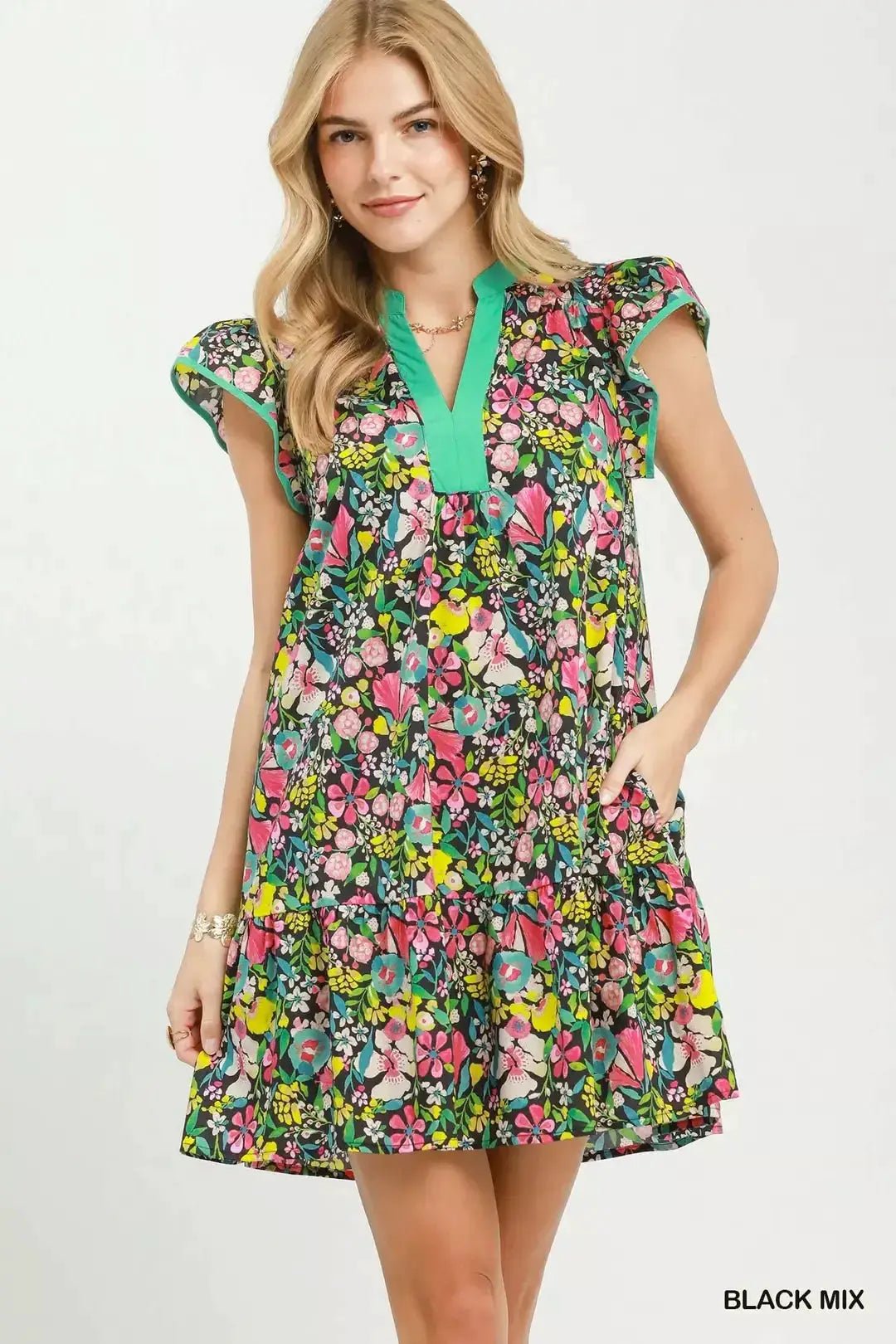 Umgee Floral Flutter Sleeve Tiered Mini Dress - Fritsch & Co.