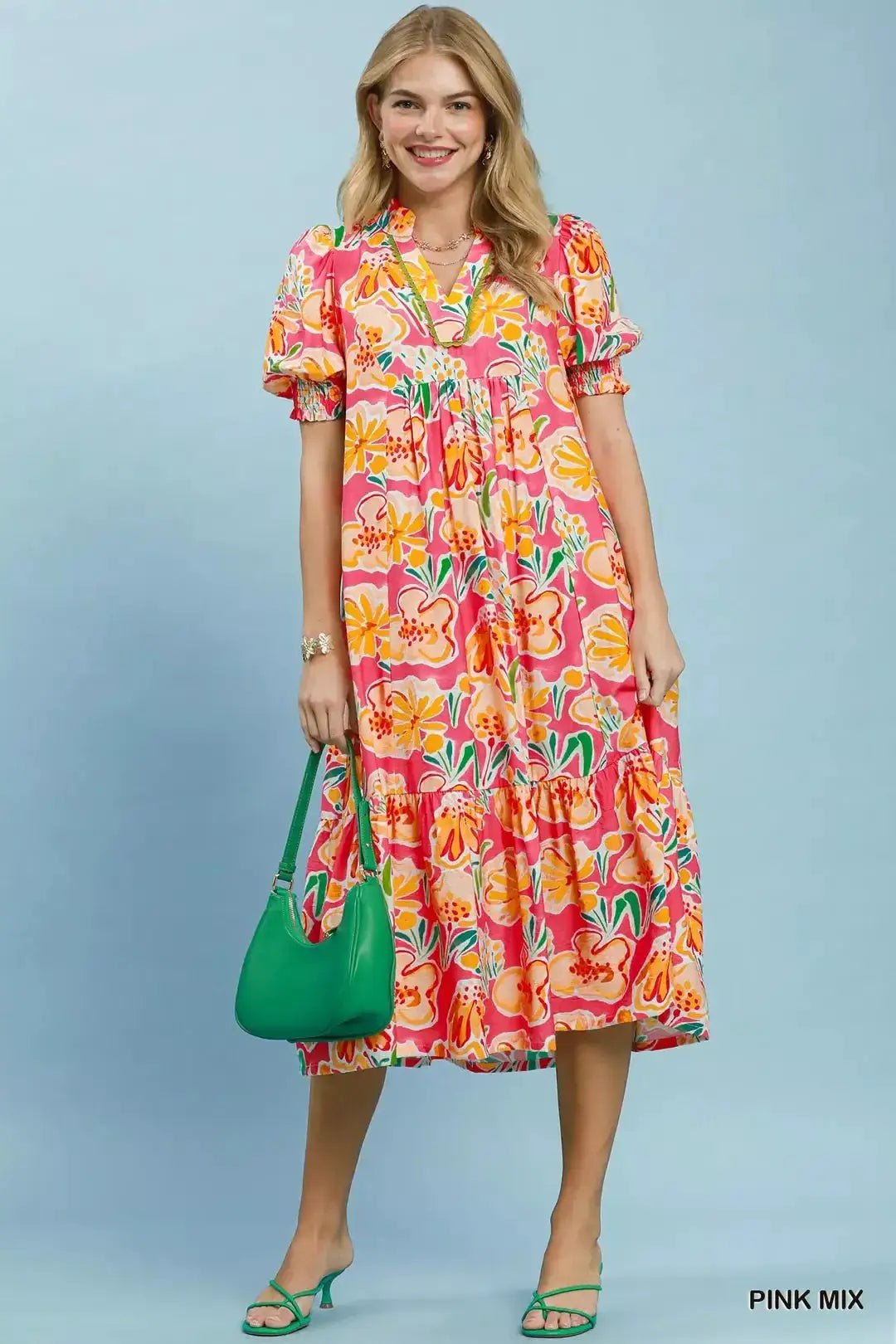 Umgee Floral Print Puff Sleeve Tiered Midi Dress - Fritsch & Co.