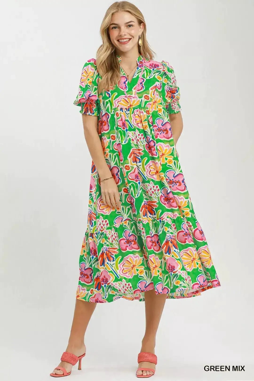 Umgee Floral Print Puff Sleeve Tiered Midi Dress - Fritsch & Co.