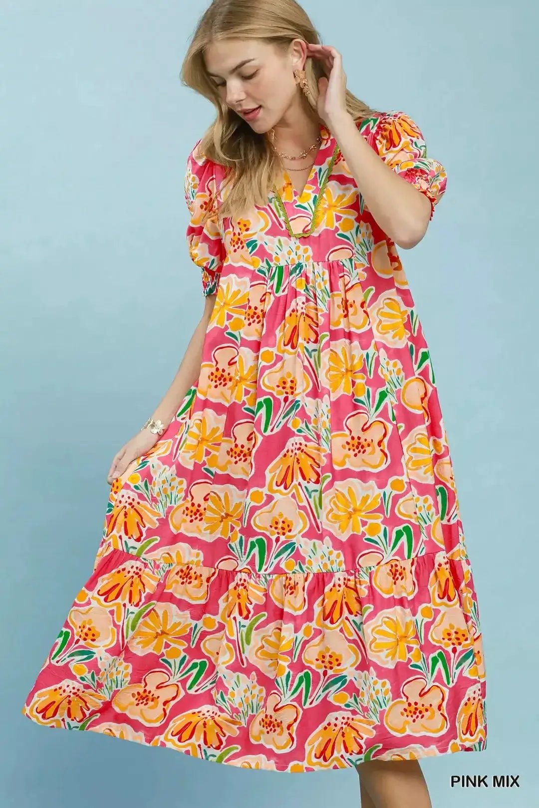 Umgee Floral Print Puff Sleeve Tiered Midi Dress - Fritsch & Co.