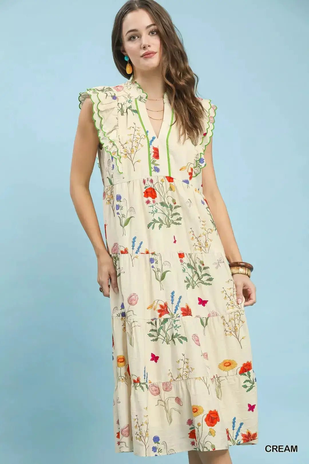 Umgee Floral Ruffle Tiered Midi Dress with Scalloped Detail - Fritsch & Co.