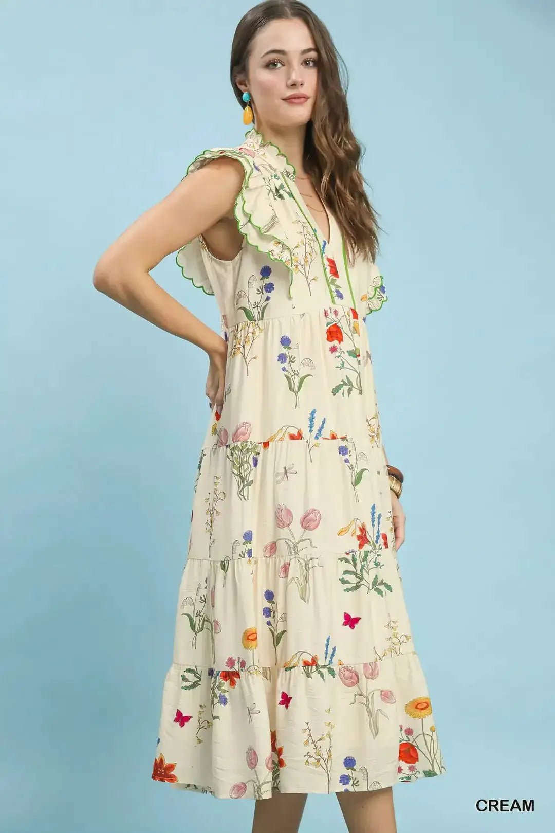 Umgee Floral Ruffle Tiered Midi Dress with Scalloped Detail - Fritsch & Co.