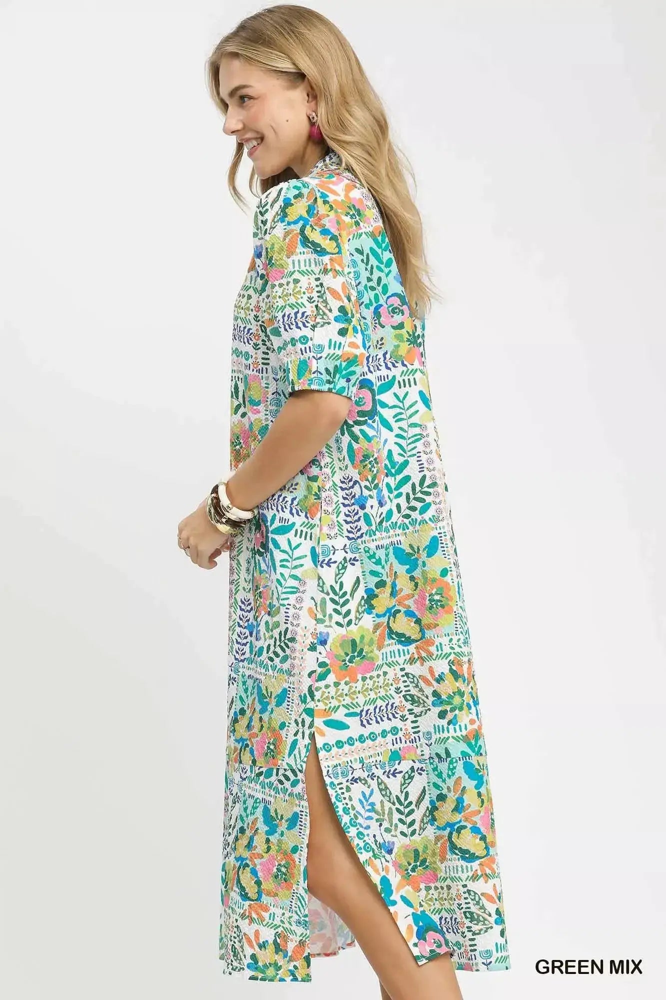 Umgee Folk Print Midi Dress with Side Pockets - Fritsch & Co.