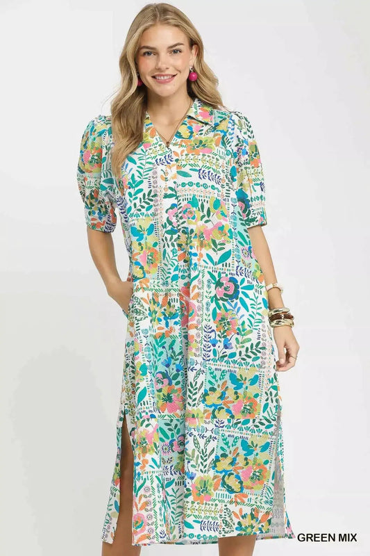 Umgee Folk Print Midi Dress with Side Pockets - Fritsch & Co.