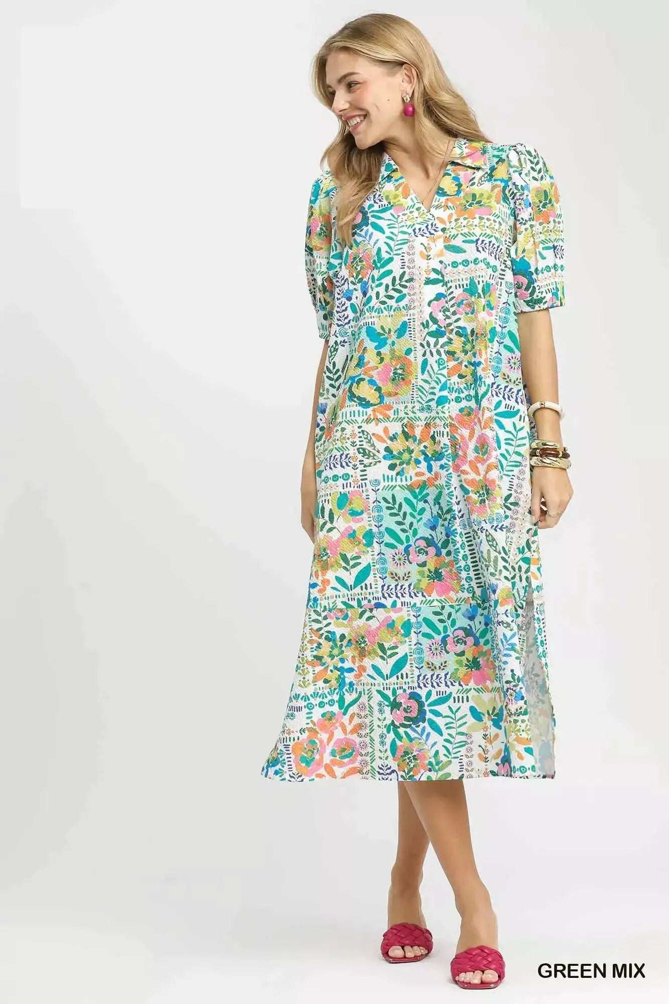 Umgee Folk Print Midi Dress with Side Pockets - Fritsch & Co.