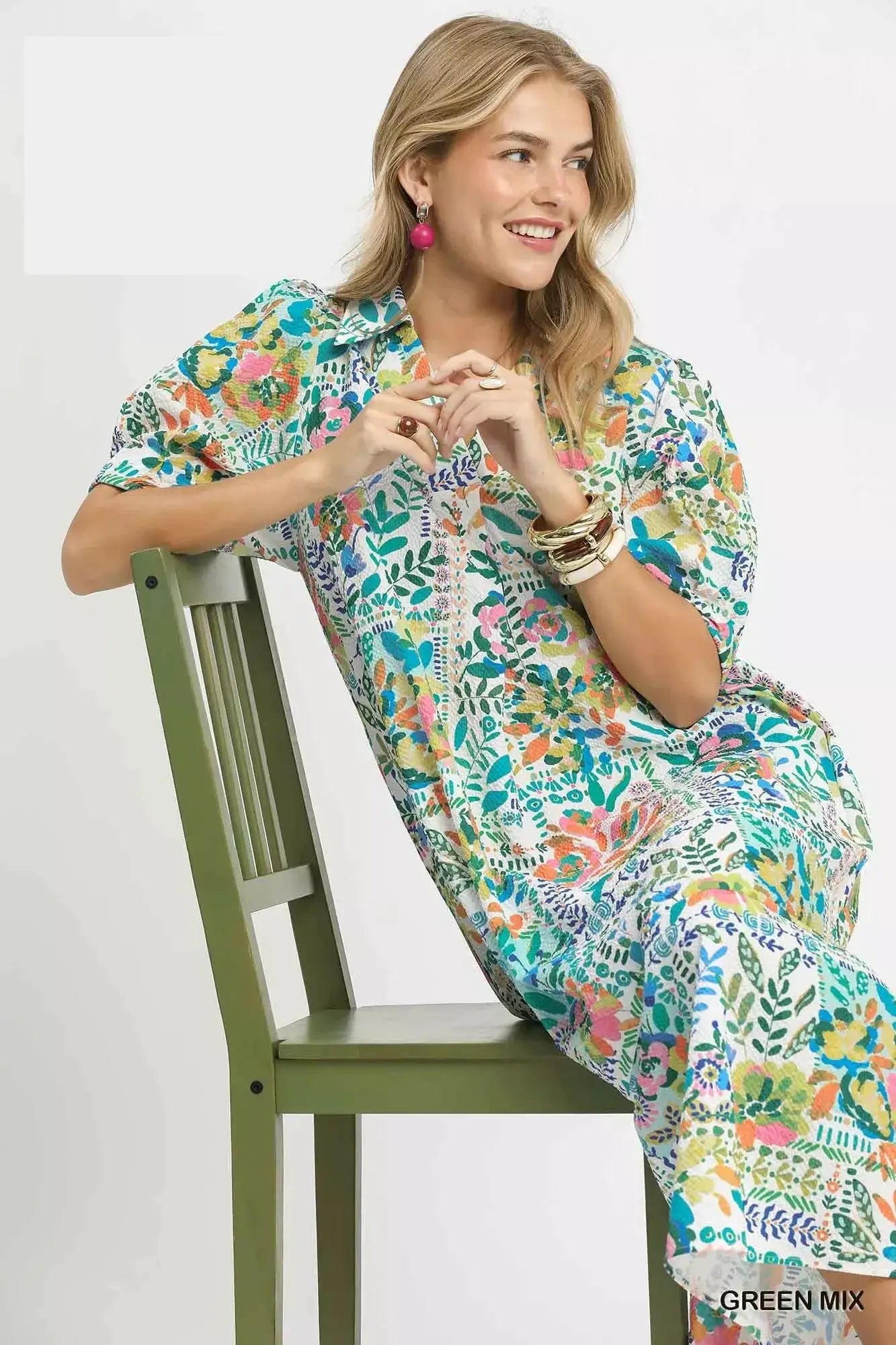 Umgee Folk Print Midi Dress with Side Pockets - Fritsch & Co.