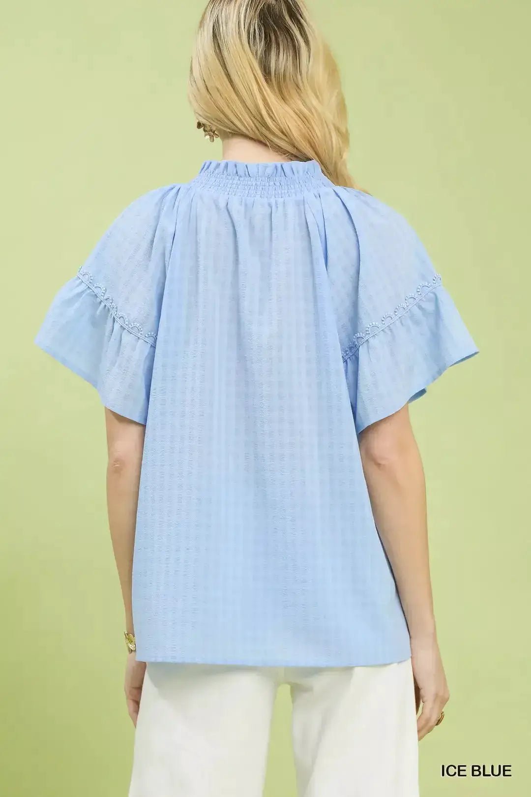 Umgee Gingham Puff Sleeve Top With Lace Trim In Ice Blue - Fritsch & Co.