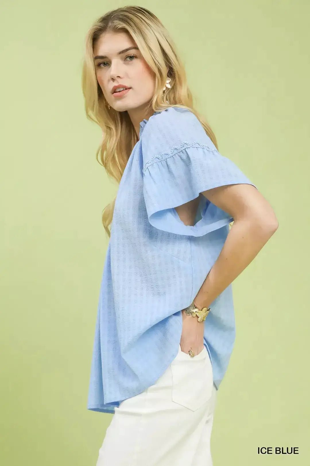 Umgee Gingham Puff Sleeve Top With Lace Trim In Ice Blue - Fritsch & Co.