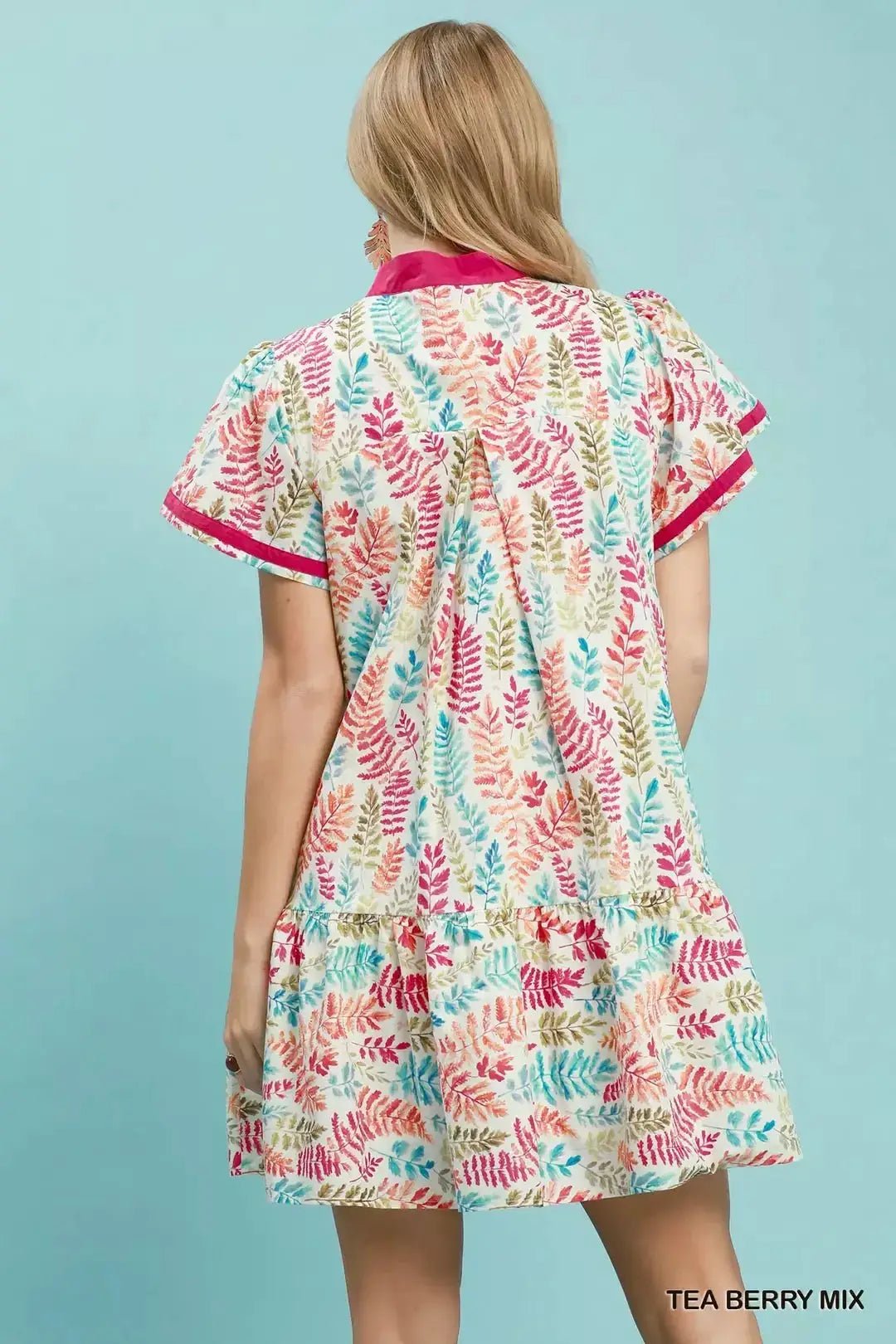 Umgee Leaf Print Flutter Sleeve Tiered Mini Dress - Fritsch & Co.