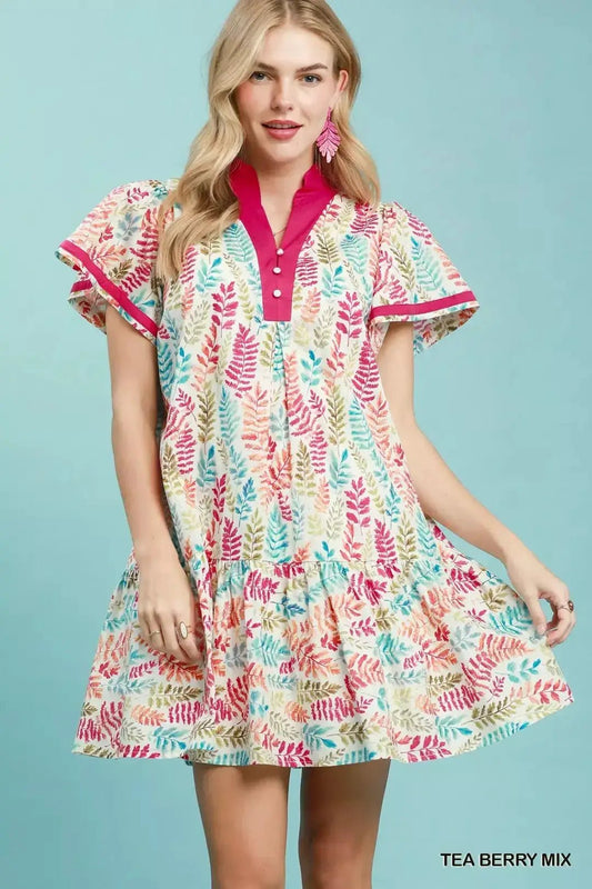 Umgee Leaf Print Flutter Sleeve Tiered Mini Dress - Fritsch & Co.